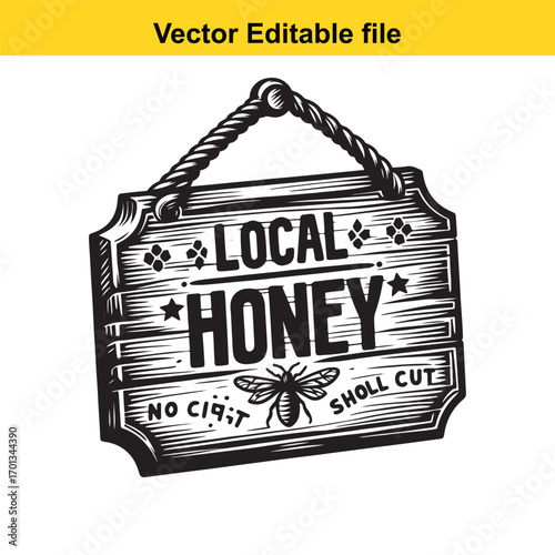 Vintage wooden sign for local honey with bee illustration, isolated on white background