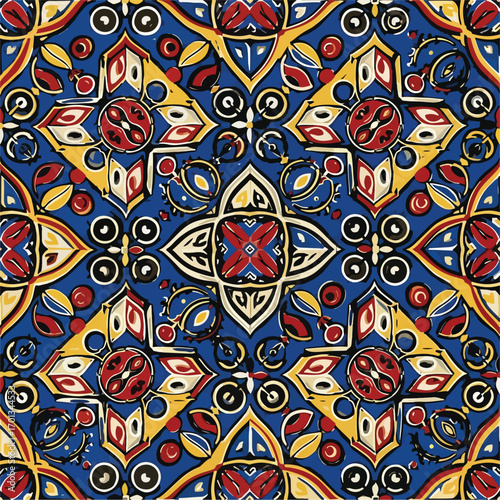 Vibrant seamless pattern featuring red, yellow, and blue ornamental designs, patern seamless, royalty stock.