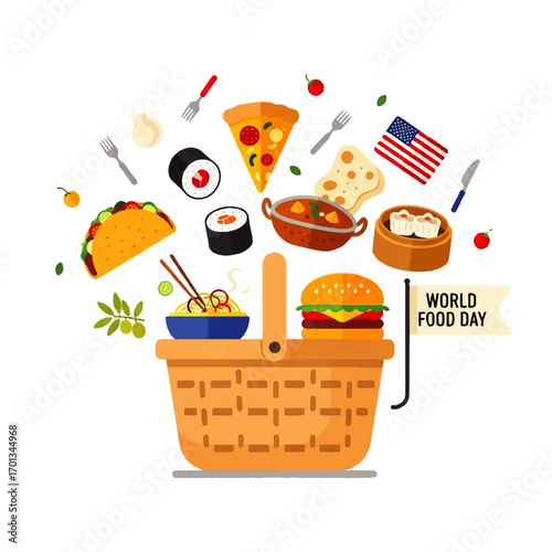 A vibrant illustration showcasing diverse global cuisine elements, celebrating World Food Day.