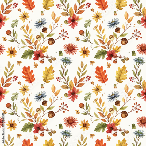 Watercolor autumn floral seamless pattern with flowers, leaves, and acorns on a white background, patern seamless, Stock royalty image.