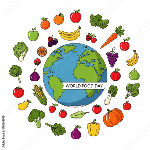 Colorful illustration celebrating World Food Day, featuring a globe surrounded by various fruits and vegetables.