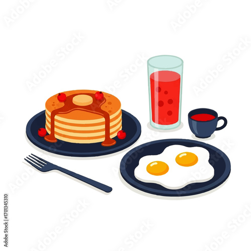 Cartoon illustration of a breakfast setting with pancakes, eggs, juice, and syrup, arranged on plates with a fork.