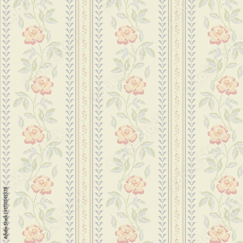 A seamless vintage floral pattern featuring stylized roses and leaves in soft pastel shades, arranged in a vertical stripe layout. This elegant design has a retro tapestry or wallpaper feel, perfect
