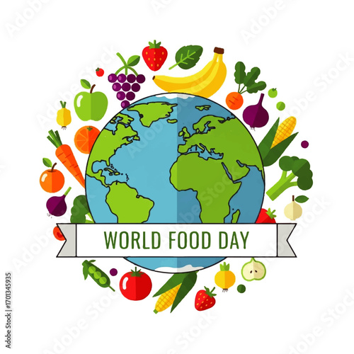 A vibrant illustration celebrating World Food Day, featuring Earth surrounded by various fresh fruits and vegetables