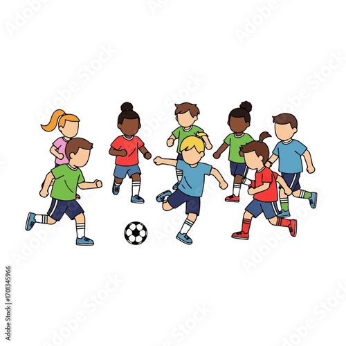 A group of diverse children are playing soccer, running and kicking the ball on a white background