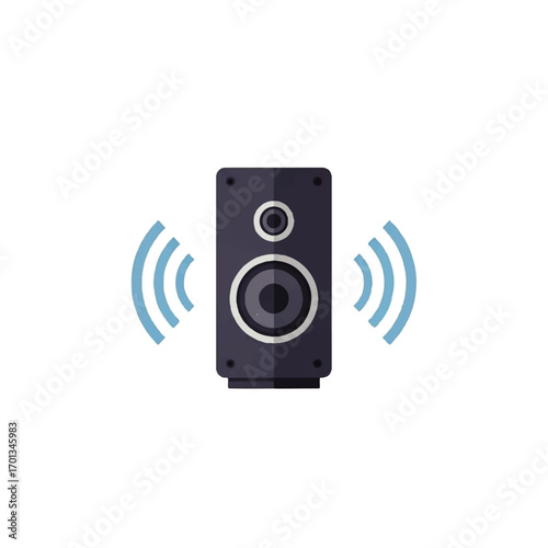 A dark rectangular speaker emits sound waves, showcasing audio output