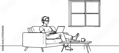 Relaxed man working on laptop at home on sofa near window minimalist line art modern lifestyle concept