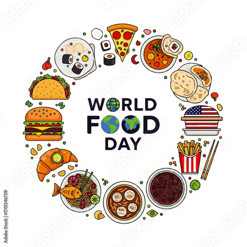 A circular graphic design celebrating World Food Day, showcasing various types of food from around the world