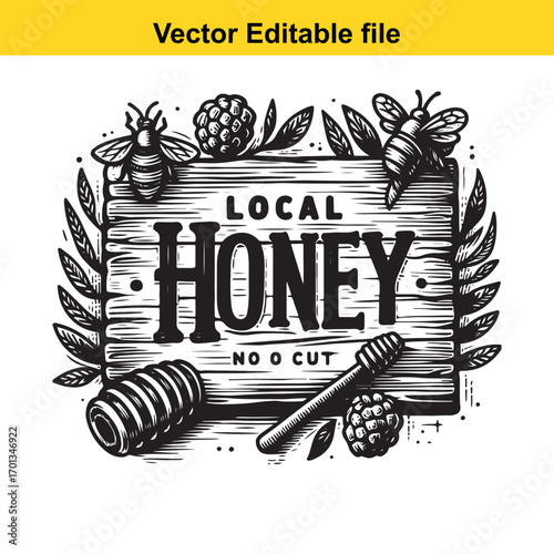 Local honey sign with bees, berries, and honey dipper isolated on white background