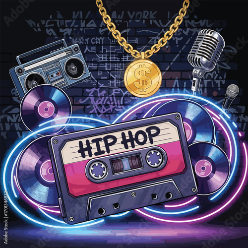 Vibrant hip hop illustration featuring cassette, microphone, boombox and vinyls, patern seamless, Stock royalty.