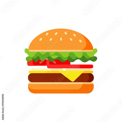 Cartoon illustration of a hamburger with sesame bun, lettuce, tomato, cheese, and patty