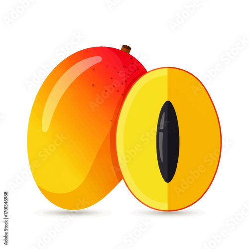 A whole mango and a halved mango showcasing its vibrant yellow flesh and dark pit, isolated on a white background