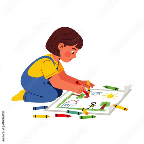 A young child, seated on the floor, colors a drawing with crayons, creating art