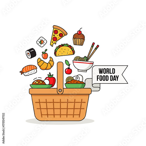Illustration of a picnic basket overflowing with various delicious food items, celebrating World Food Day