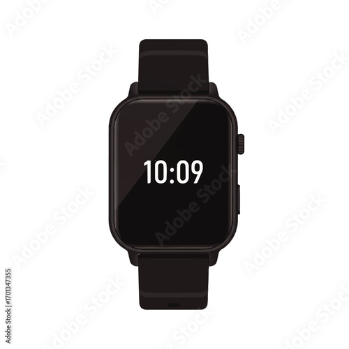 Close-up of a black smartwatch displaying the time 10:09 on a white background