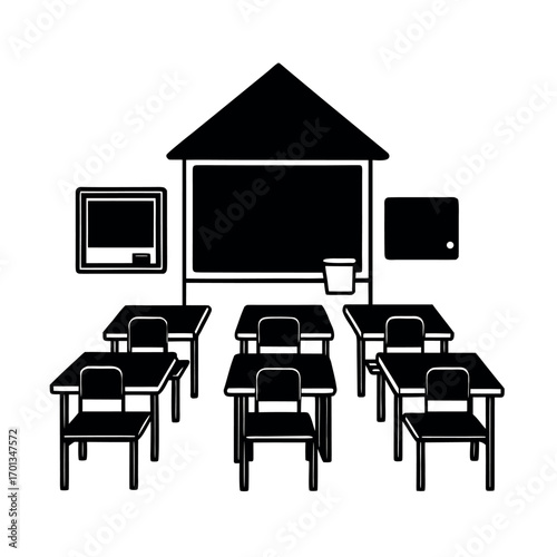 Cute cartoon classroom interior with blackboard desks and chairs Vector illustration
