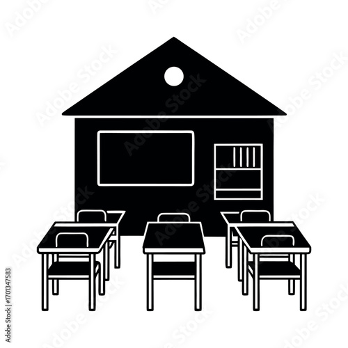 Cute cartoon classroom scene featuring desks blackboard and fun details Vector illustration