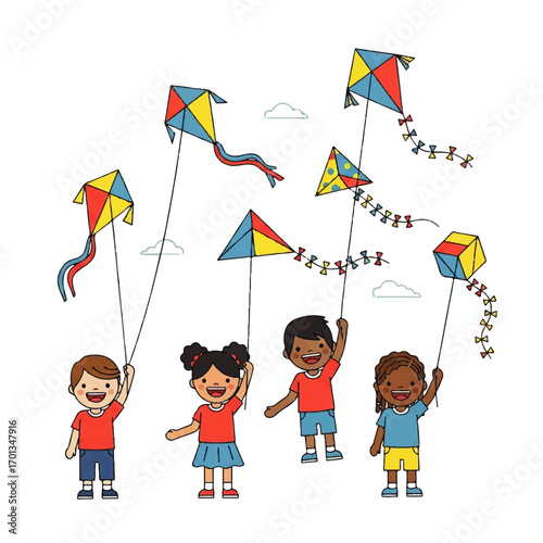 Four children flying colorful kites in a sunny day, enjoying a fun outdoor activity