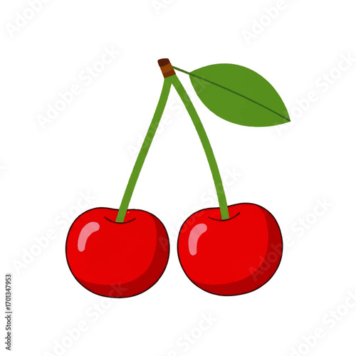 Two ripe red cherries with stems and a leaf, depicted in a simple, cartoonish style against a white background