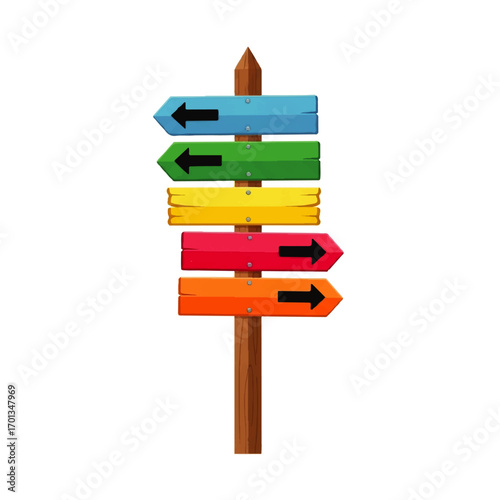 Colorful wooden signpost with multiple directional arrows pointing various ways, indicating choices