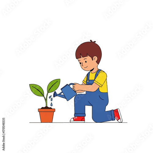 A young boy in overalls kneeling and watering a small plant in a pot with a watering can