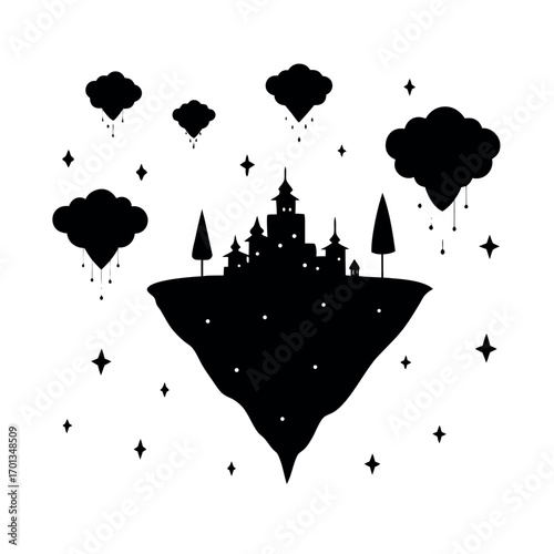 Cute fantasy background with floating magical islands in the sky Vector illustration