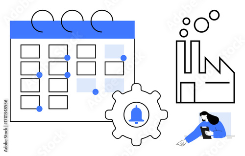 Calendar with marked dates, gear with notification bell, factory symbol, person with tablet. Ideal for productivity, planning, organization, industrial workflow, time management notifications