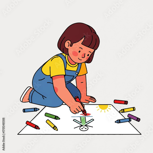 Young child happily drawing with crayons on a large sheet of paper, creating art