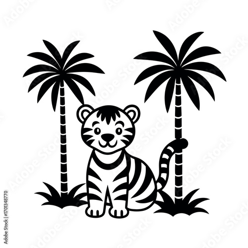 Cute jungle scene with playful tiger cub and tropical palm trees Vector illustration