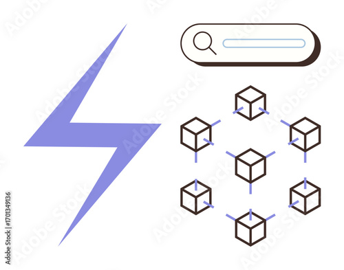Lightning bolt, interconnected cubes, and a search bar illustrate energy, blockchain, and digital information flow. Ideal for technology, innovation, efficiency, network data systems future