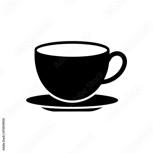 Simple black coffee cup and saucer icon on transparent background