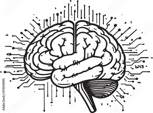 Detailed human brain line art with neural energy concept, medical science illustration on white background