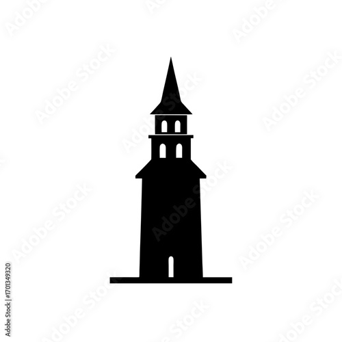 Silhouette of a church with a tall spire on transparent background