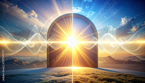 A grand archway opens to a vibrant sunrise, symbolizing a gateway to a new beginning or spiritual enlightenment.