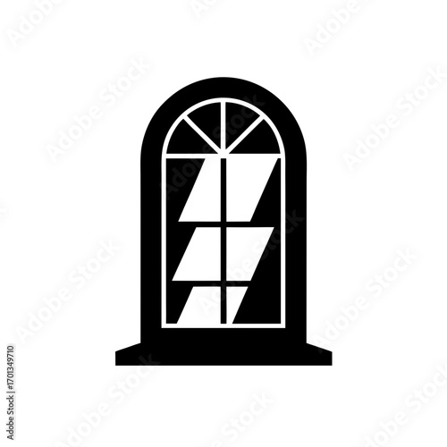 Arched window with slanted panes silhouette on transparent background