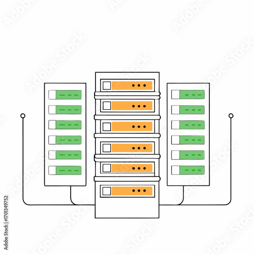 Modern server rack with network equipment illustration