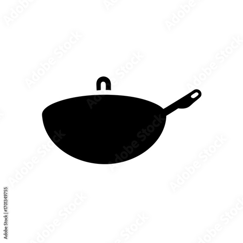 Illustration of a black wok with a handle on transparent background