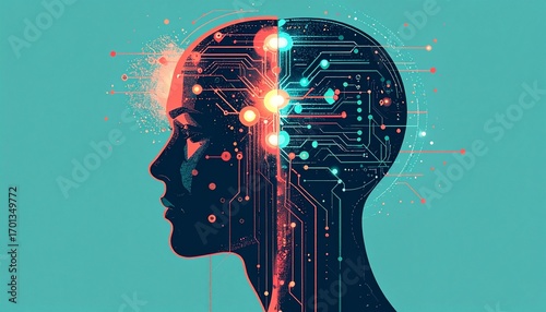 Conceptual illustration of a human mind transforming into a digital network of artificial intelligence.