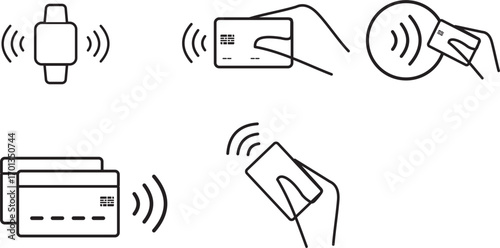 NFC payment icon set. Contactless wireless pay sign. NFC technology icon. Credit card nfc payment. Editable stroke. Vector line icon.