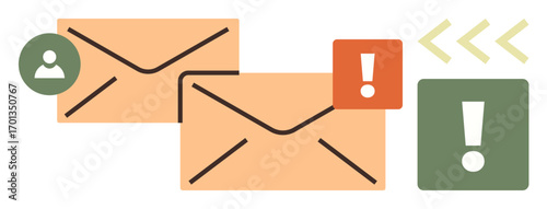 Envelopes with alert icons, user profile, and arrows representing email communication, notifications, and digital interaction. Ideal for messaging, cybersecurity, updates, reminders teamwork