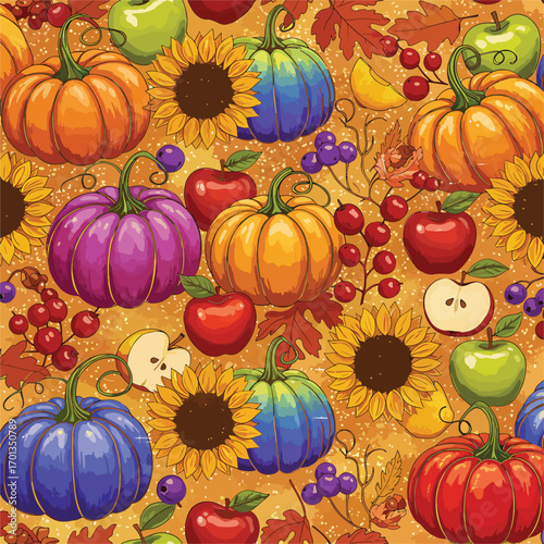 Vibrant autumn harvest pattern with pumpkins, apples, sunflowers, and berries, seamless pattern, Stock royalty.