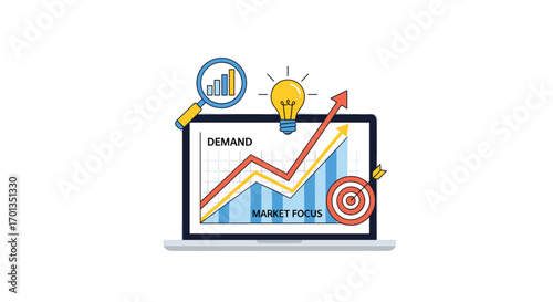 Visualize business growth and market strategy with a laptop displaying charts a magnifying glass and a target perfect for presentations and marketing, Generative AI.