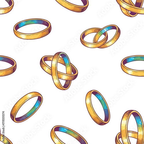 Seamless vector pattern of golden wedding rings with colorful inside lines, isolated on white, patern seamless, royalty stock.