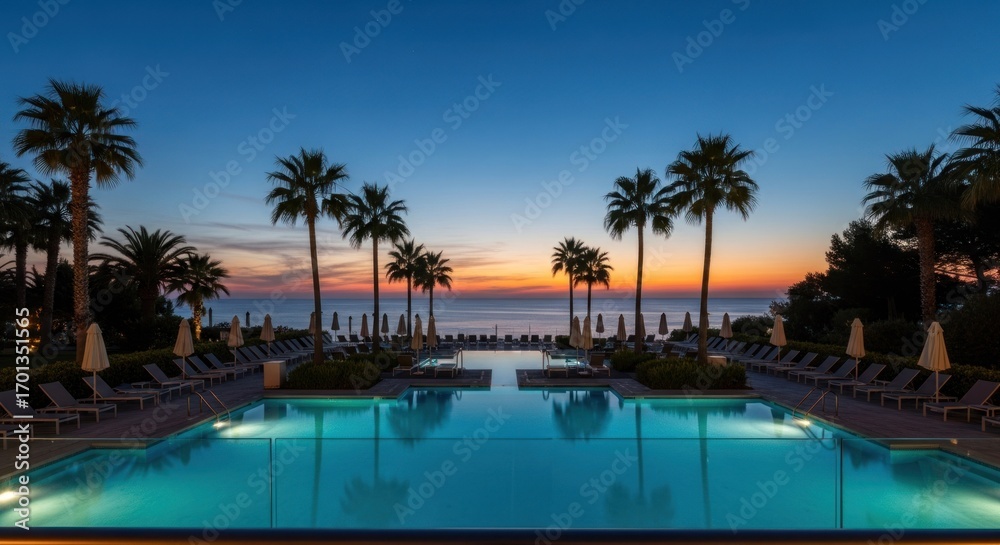 Fototapeta premium Tranquil pool at dusk reflecting sky, palm trees and lounge chairs