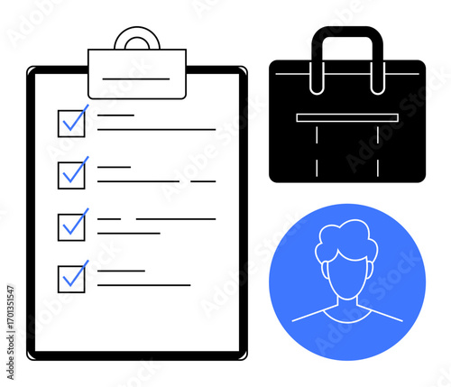 Checklist with completed tasks, person profile in a blue circle, and briefcase. Ideal for workflow, productivity, career, human resources, project management organization focus. Simple flat