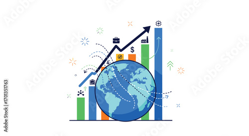 Global business growth and financial success visualized with upward trending graphs world map and financial icons, Generative AI.