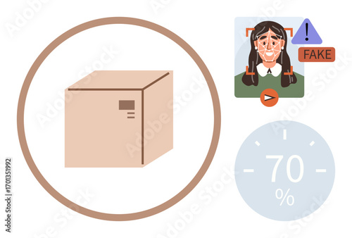 Cardboard package, facial recognition identifying fake identity with warning, and a 70 algorithmic evaluation. Ideal for logistics, security, AI, verification, automation, technology and trust