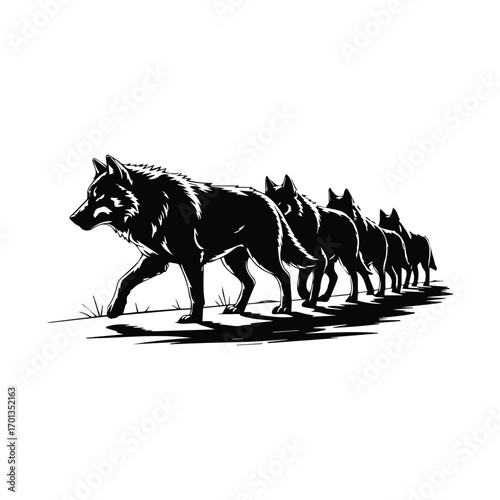 Monochrome illustration of a wolf pack walking across a barren landscape with sun in background