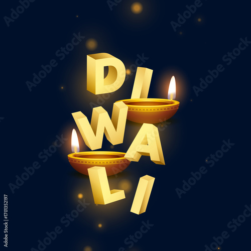3d style golden diwali diya background with text space