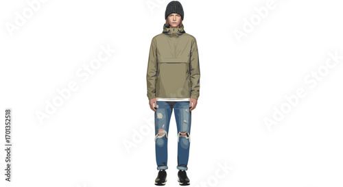 Stylish man in trendy streetwear stands confidently showcasing modern fashion and urban style with a cool casual aesthetic, Generative AI.